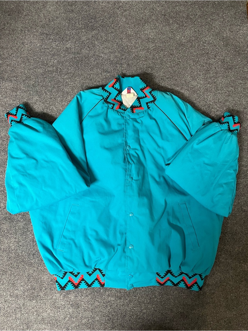 Vintage Men's Turquoise Bomber Jacket with Geometric Trim